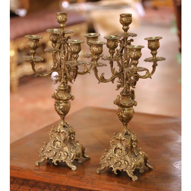 Metal Pair of 19th Century French Louis XV Rococo Bronze Dore Five-Light Candelabras For Sale - Image 7 of 12