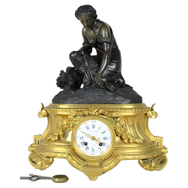 Bronze Clock Depicting Woman with Flowers from Schenewerk, 19th Century For Sale