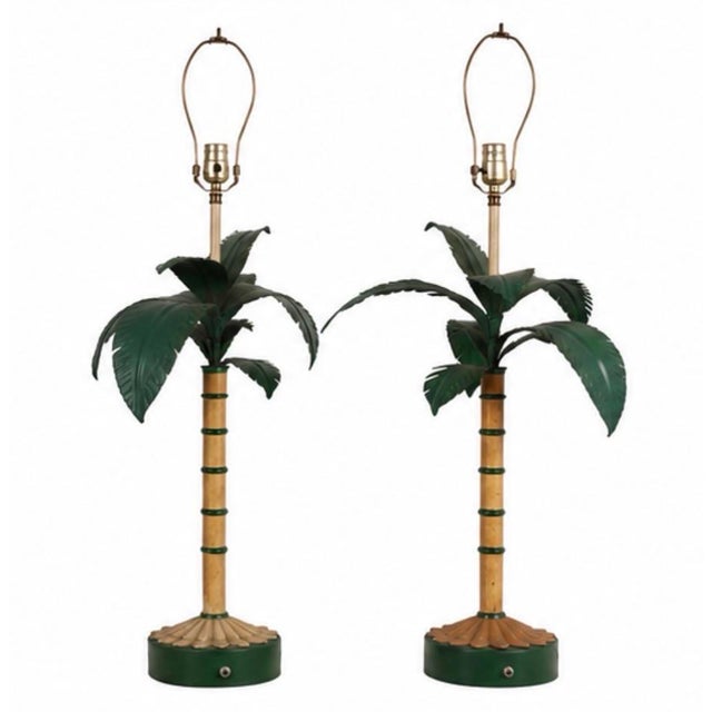 Pair of Hollywood Regency Italian Tole Palm Tree Table Lamps For Sale - Image 4 of 12