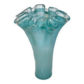 1970s Mid-Century Italian Murano Handkerchief Ruffle Rim Tall Vase For Sale