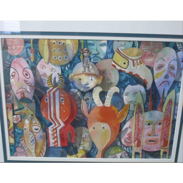 Abstract Linda Morgan Colorful Abstract Contemporary Watercolor Painting Masks For Sale - Image 3 of 9