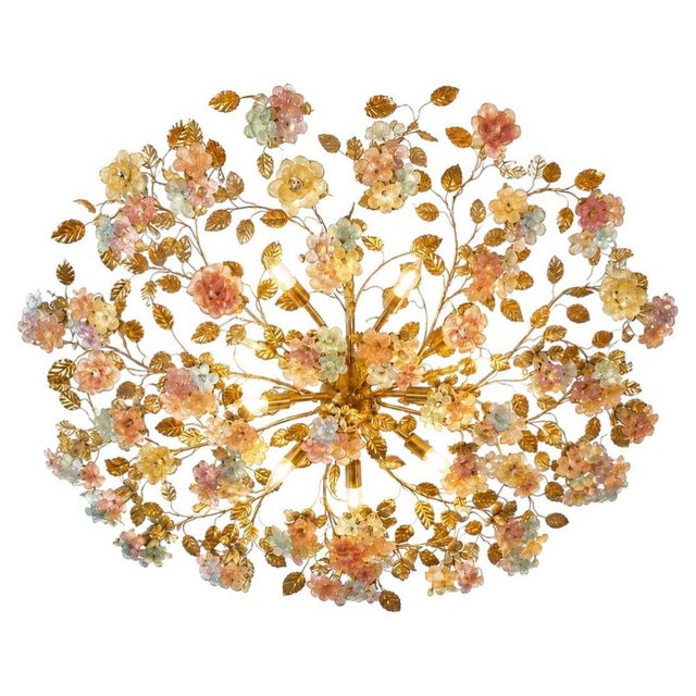 Magnificent Murano glass flush-mount chandelier composed of dozens of hand-crafted flowers, roses, and leaves. The richly...