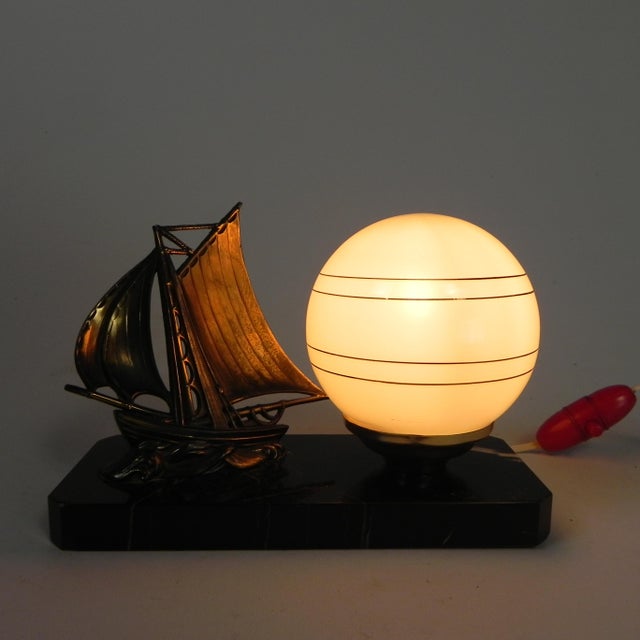 Art Deco Desk Lamp with Sailboat and Globe on Marble Base, 1930s For Sale - Image 6 of 16