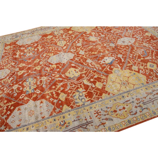 Early 21st Century Modern Indian Tabriz Handmade Rust Wool Rug With Floral Motif by Apadana For Sale In New York - Image 6 of 7