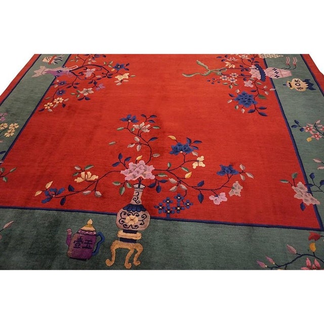 1920s Red Vase Floral Antique Chinese Art Deco Rug 9' X 11'9" Handknotted Wool Carpet For Sale - Image 11 of 11