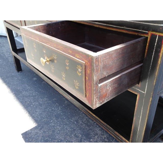 Vintage French Country Red Floral Console Table W a Floral Shelf For Sale - Image 11 of 16