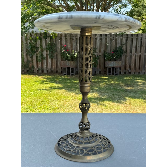 Hollywood Regency Vintage 17" Reticulated/Pierced Brass Side Table W/Blanc Italian Marble 14" Top For Sale - Image 3 of 7