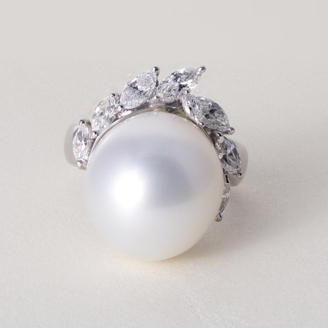 Modern Vintage Platinum South Sea White Pearl and Marquise Diamond Ring, Size 7.75 For Sale - Image 3 of 7