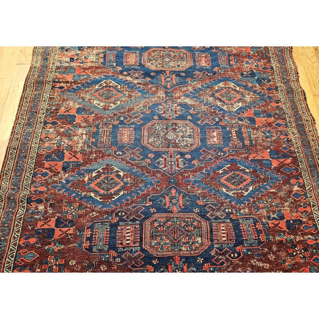 Late 19th Century Caucasian Soumak Rug, Handwoven Allover Geometric, Red & Blue, 5' x 7' For Sale - Image 11 of 17
