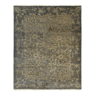 Charcoal Gold Distressed Floral Hand-Knotted Wool Rug 6x8 For Sale