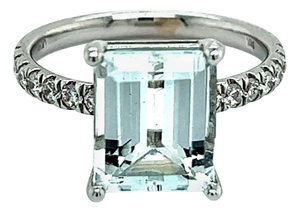 Natural Aquamarine Diamond Ring 14k W Gold 3.18 TCW Certified
