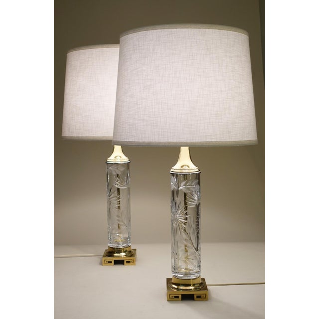 1960s 1960s Matched Pair Large Dresden Hollywood Regency Cut Crystal Glass Brass Column Table Lamps - a Pair For Sale - Image 5 of 15