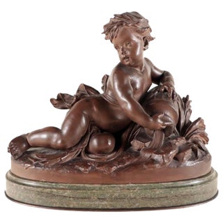 Cherub with Water Jug Terracotta Sculpture on Verdigris Marble Base For Sale