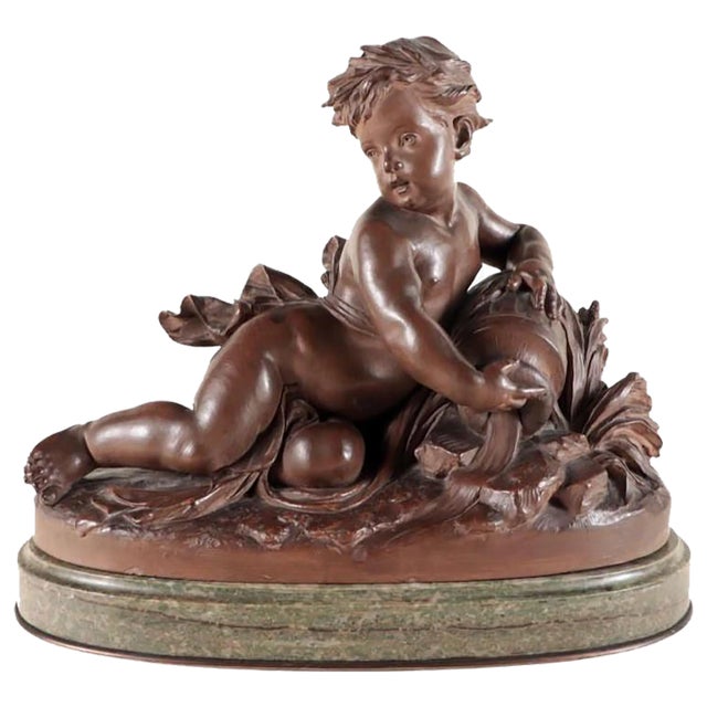 Cherub with Water Jug Terracotta Sculpture on Verdigris Marble Base For Sale