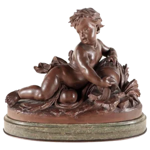 Cherub with Water Jug Terracotta Sculpture on Verdigris Marble Base