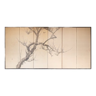 Large Taisho Japanese Byobu Screen "Sparrow and the Plum Tree" by Ryosetsu Kobe For Sale
