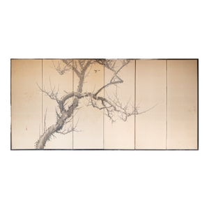 Large Taisho Japanese Byobu Screen "Sparrow and the Plum Tree" by Ryosetsu Kobe