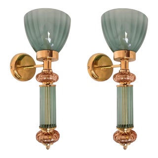 1990s Mid Century Modern Green and Amber Murano Glass Sconces - a Pair For Sale