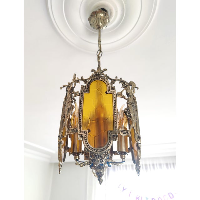 Amber 1960s Art Nouveau Brass Venus Pendant Light With Amber Glass For Sale - Image 8 of 14