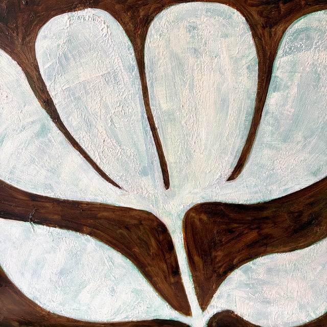 A strikingly graphic and sculptural original painting featuring an oversized tulip rendered in rich chocolate brown...