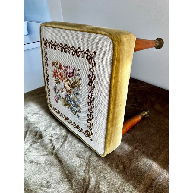 Chartreuse Mid-Century Modern Needlepoint & Chartreuse Velvet Footstool — Vintage Square Ottoman With Tapered Walnut Legs and Brass Ferrule Accents For Sale - Image 8 of 18