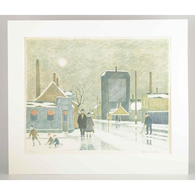 Folmer Bendtsen (1907–1993) Color lithograph. An atmospheric depiction of a working-class neighborhood in wintertime,...