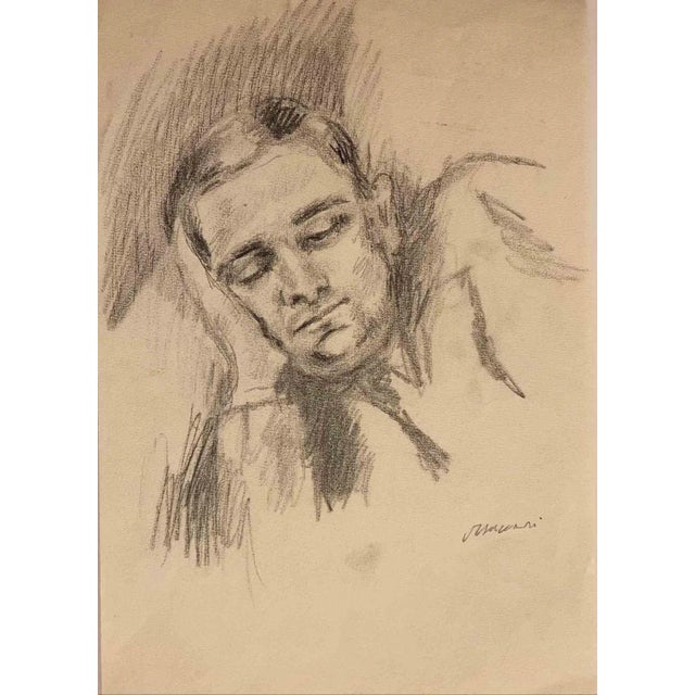 Portrait of Sleeping Man is an Original Drawing in pencil carbon on creamy-colored paper realized by Mino Maccari in the...