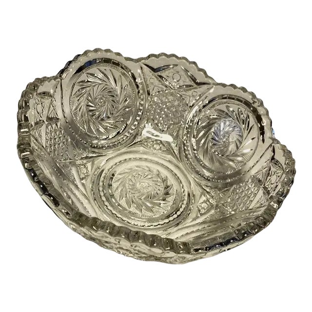 Vintage Deep Cut Leaded Crystal Bowl With Scalloped Edge For Sale