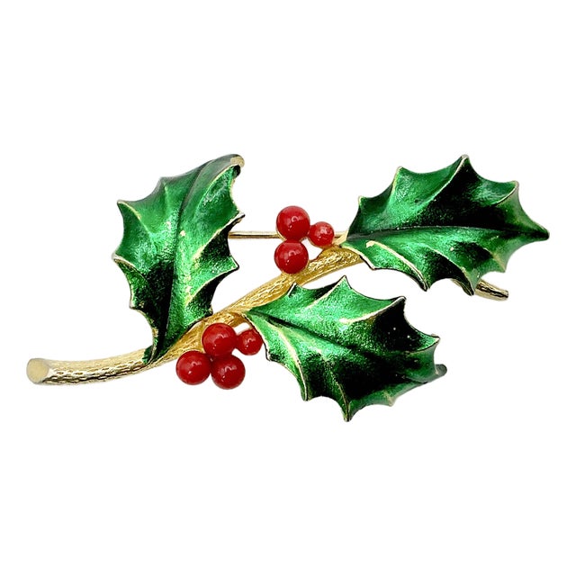 1950s Vintage Americana Boho Chic Christmas Holly Branch Brooch, Mylu Designs. For Sale