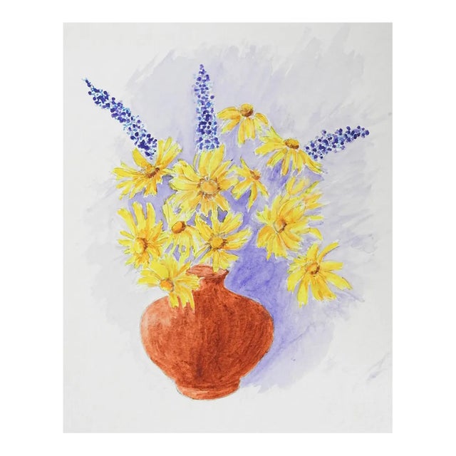 Late 20th Century Yellow and Blue Floral Still Life Watercolor Painting For Sale