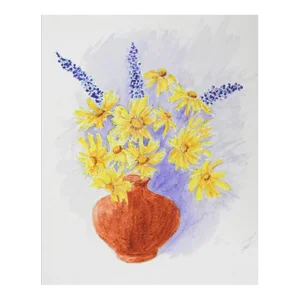 Late 20th Century Yellow and Blue Floral Still Life Watercolor Painting