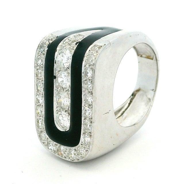 Silver 18k White Gold Diamond & Black Onyx Geometric Ring For Sale - Image 8 of 14