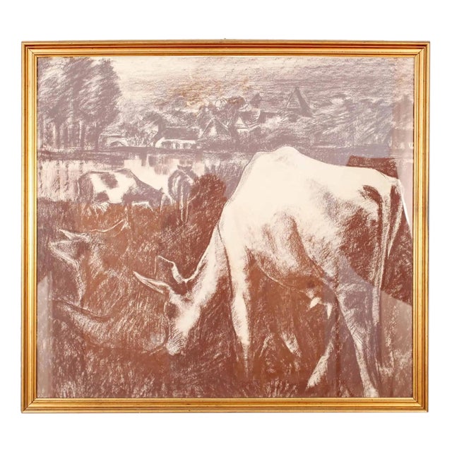 L. Seghers, Landscape with Cattle, Pastel For Sale