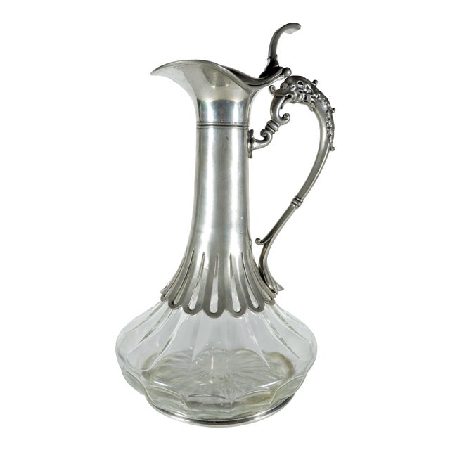 Vintage Pewter and Glass Claret Decanter with Serpent Handle For Sale