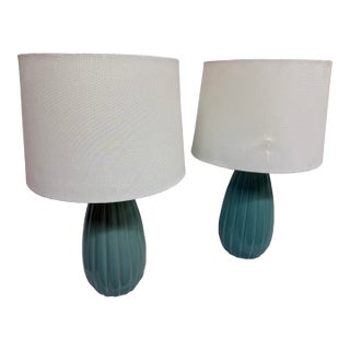 Turquoise Ceramic Table Lamps, Pair For Sale