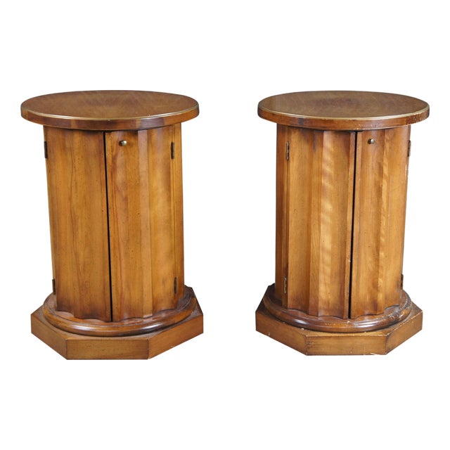 2 Mid Century Modern American of Chicago Neoclassical Pedestal Tables Cabinets For Sale