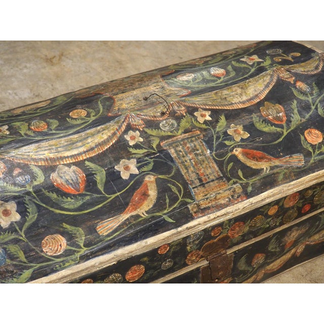 French Antique Polychrome Wedding Trunk From Normandy, France, 19th Century For Sale - Image 3 of 18
