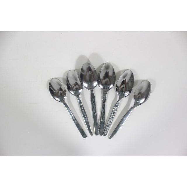 Silver 1960s Curated Set of 6 Mid Century Modern Stainless Steel Tea or Dessert Spoons, Mismatched For Sale - Image 8 of 9
