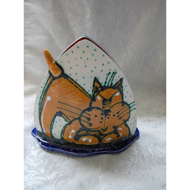 Folk Art Vintage Signed "Kálmánia" Hand-Painted Ceramic Cat Napkin Holder – Whimsical Folk Art For Sale - Image 3 of 7