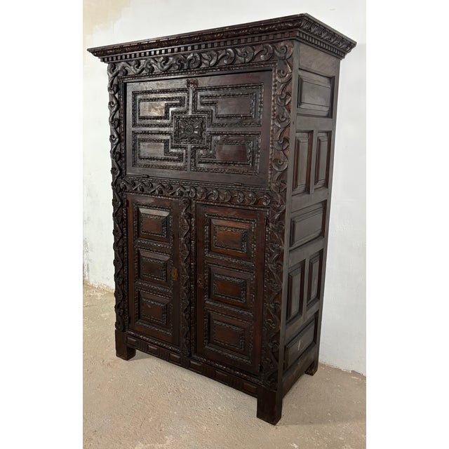 Baroque Antique Baroque Oak Fall-Front Cabinet with Deep Carved Decoration, 1880 For Sale - Image 3 of 18