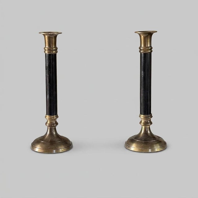 Vintage Neoclassical Brass and Black Metal Column Candlesticks, 1980s, Set of 2 For Sale - Image 10 of 10