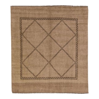 Modern Moroccan Style Brown Handmade Geometric Square Wool Rug by Apadana For Sale