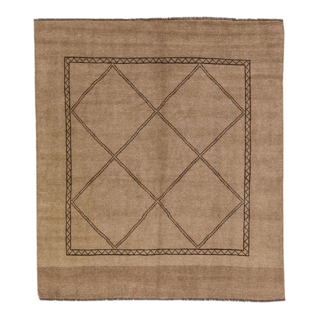 Modern Moroccan Style Brown Handmade Geometric Square Wool Rug by Apadana For Sale