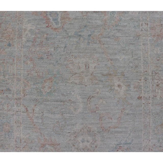 Pastel Colored Hand-Knotted Modern Oushak With Light Blue-Gray Background For Sale - Image 4 of 11