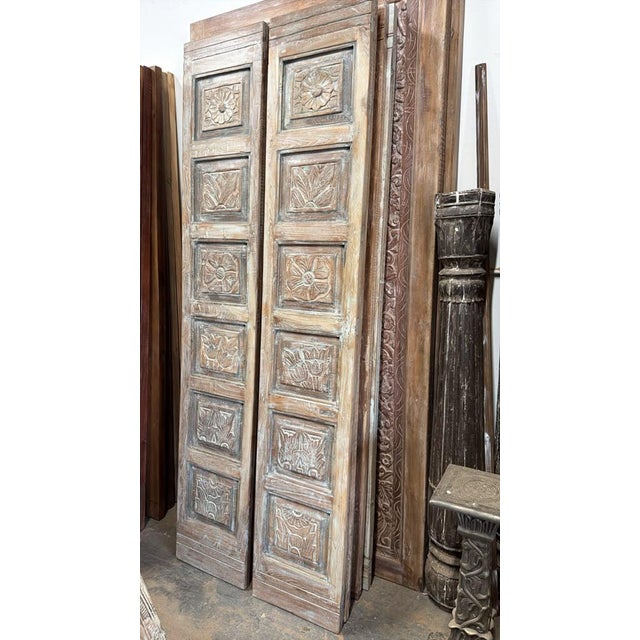 Wood Antique Hand-Carved Floral Wood Door Panels | Pair of Vintage Barn Doors 80x29 For Sale - Image 7 of 8
