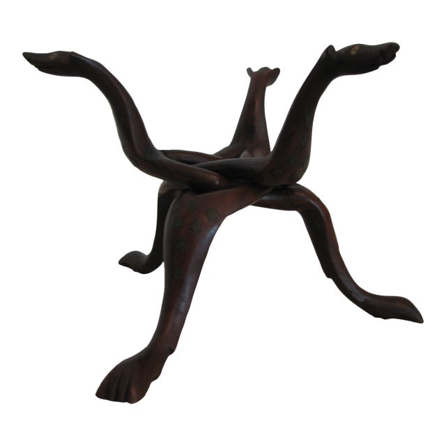 Hand‑Carved Hardwood Interlocking Serpent Tripod Stand For Sale