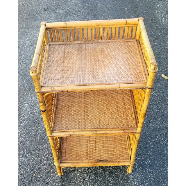 Mid-Century Bohemian Split Bamboo Rattan Wicker Low Bookcase Etagere For Sale - Image 4 of 13