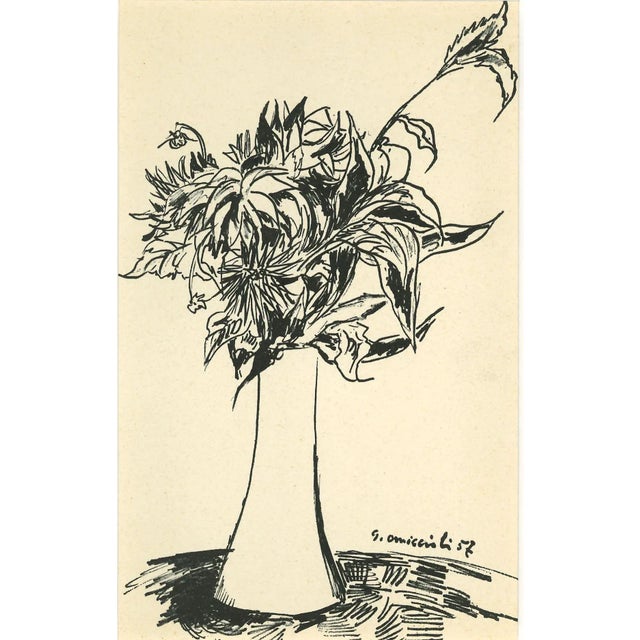 Vase of Flowers Drawing in Pen by Giovanni Omiccioli, 1957 For Sale - Image 3 of 3