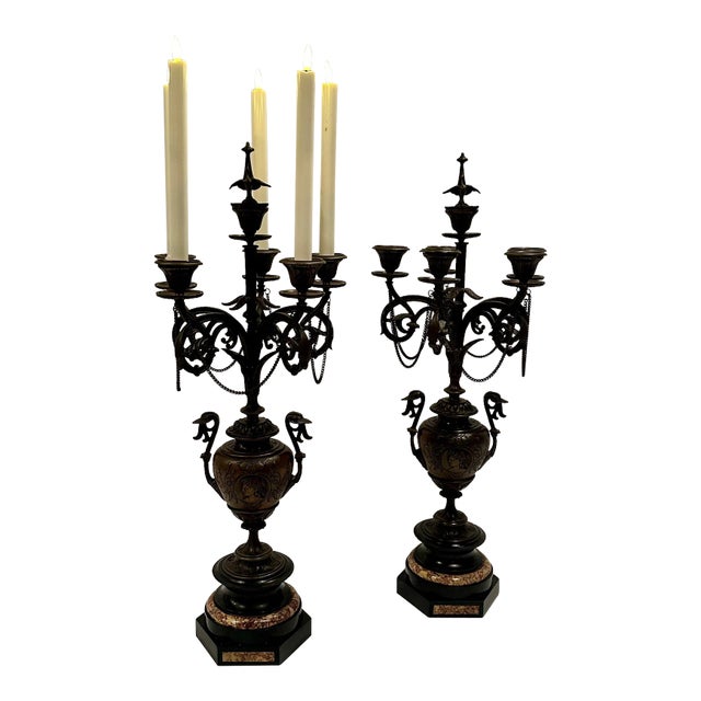 Neoclassical Style Bronze & Marble Candleabra -A Pair For Sale