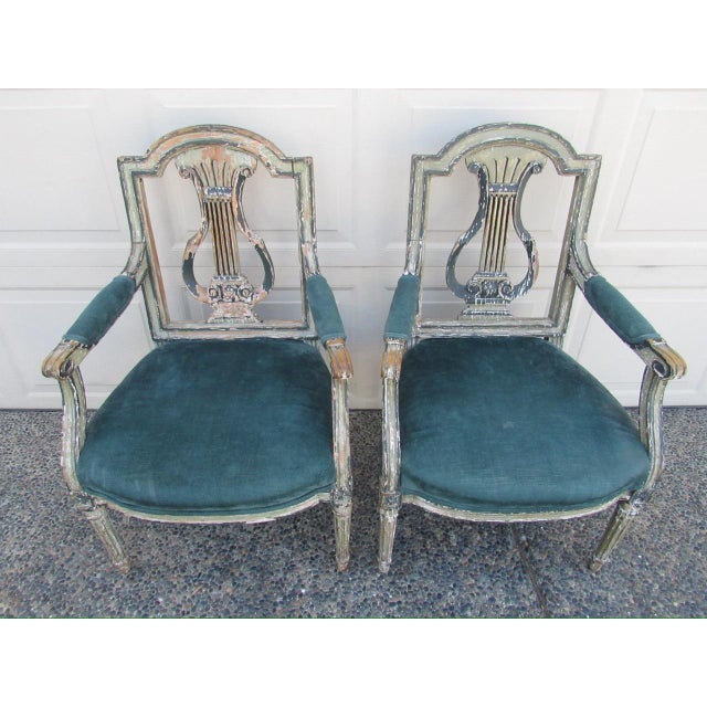 French Pair of Antique French Crusty Painted Bergere Armchairs For Sale - Image 3 of 18